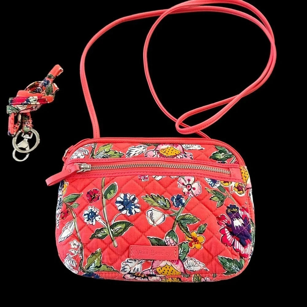 NWOT‎ Vera Bradley Coral Floral Iconic Little Crossbody Bag Lanyard Keychain Set